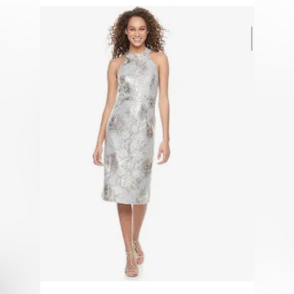 Scarlett Women Metallic Foil Lace Halter Dress Size 16 Silver/Gold